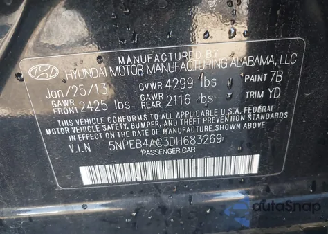 2013 Hyundai Sonata Gls z USA, uszkodzony, nr VIN 5NPEB4AC3DH683269